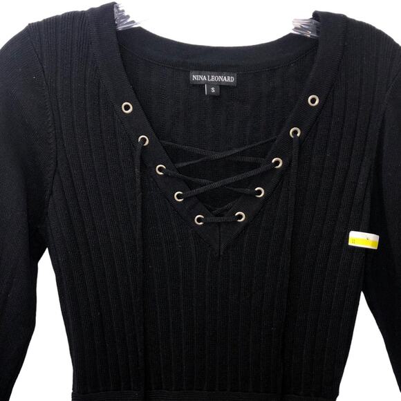 Nina Leonard Lace Up Ribbed Fit and Flare Knit Sweater Dress Small NWT - Picture 3 of 7